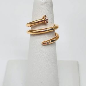 18K Yellow Gold Nail Ring Women Size 5 Au750 Lightweight NEW Spiral w/ CZ Stone